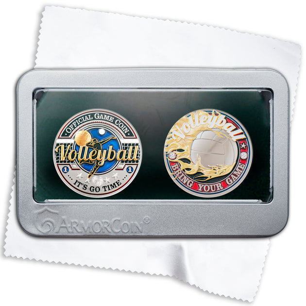 Sports Volleyball - Official Game Challenge Coin Double Tin Set and Bonus Polishing Cloth