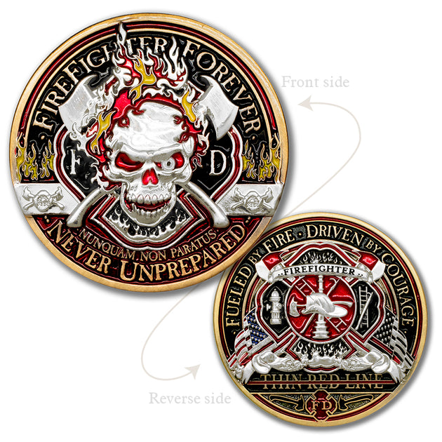 Thin Red Line Fire Fighter Forever Challenge Coin · FireFighter Skull Coin