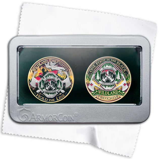 Armor Coin Wildland Firefighter Challenge Coins with Deluxe Display Tin Box Plus Bonus polishing Cloth - 2 Medallion Set