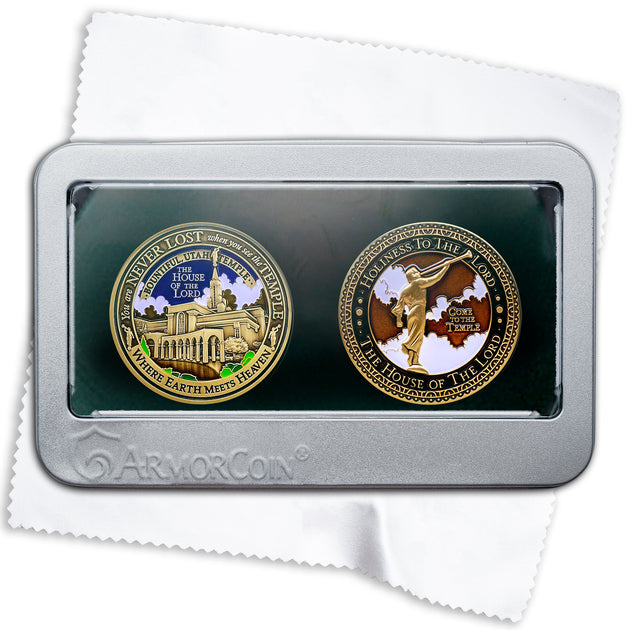 Temple Bountiful Utah LDS Medallions in Deluxe Display Tin Box - 2 coin set with bonus polishing cloth