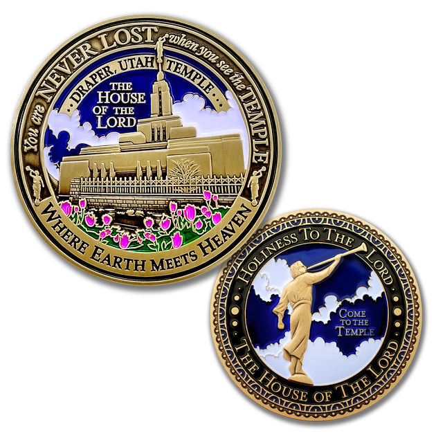 Temple Draper Utah LDS Medallions in Deluxe Display Tin Box - 2 coin set with bonus polishing cloth