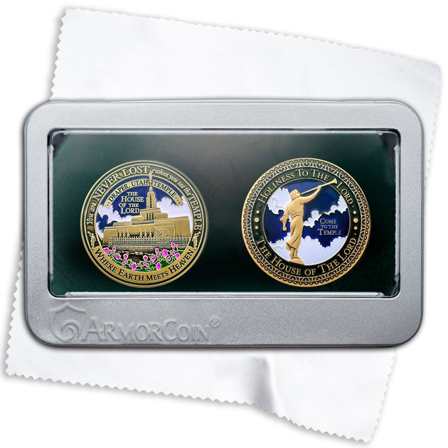 Temple Draper Utah LDS Medallions in Deluxe Display Tin Box - 2 coin set with bonus polishing cloth