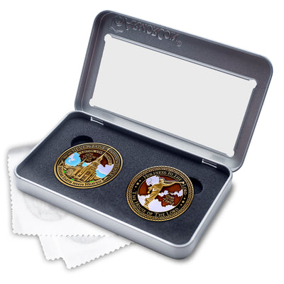 Temple Layton Utah LDS Medallions in Deluxe Display Tin Box - 2 coin set with bonus polishing cloth