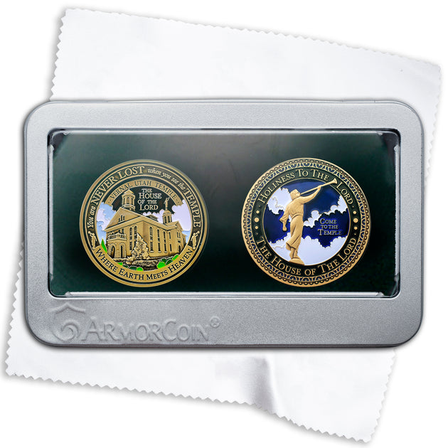 Temple Vernal Utah LDS Medallions in Deluxe Display Tin Box - 2 coin set with bonus polishing cloth