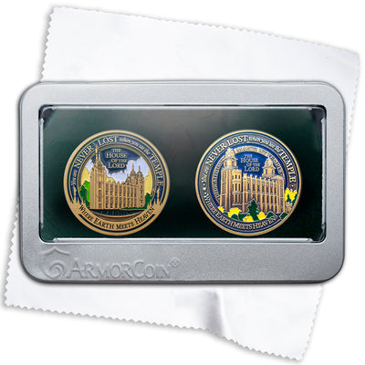 Temple Salt Lake LDS AND Manti Utah LDS Medallions in Deluxe Display Tin Box - 2 coin set with bonus polishing cloth