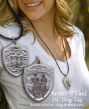 Women wearing dog tag featuring Armor of God warriors
