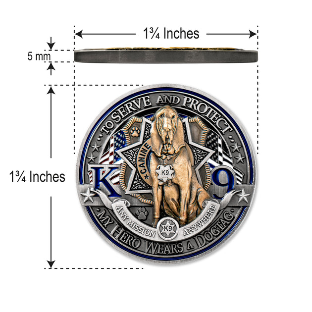Law Enforcement K9 Canine Challenge Coin - Bloodhound My Hero Wears a Dogtag Tin Box Gift