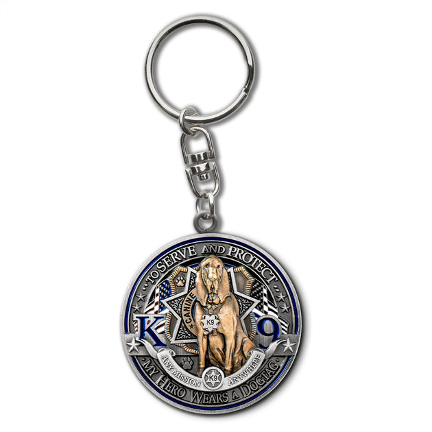 Law Enforcement K9 Canine Key Chain - Bloodhound Serve & Protect My Hero Wears a Dogtag Solid Bronze key chain