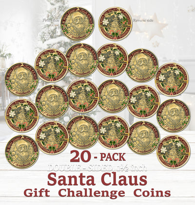 Santa Claus Christmas Challenge Coins 20 pcs  – 1.5 inch "Here Comes Santa” – “Always Believe” Message – Stocking Stuffer or Collector’s Keepsakes (20 Pack Edition)