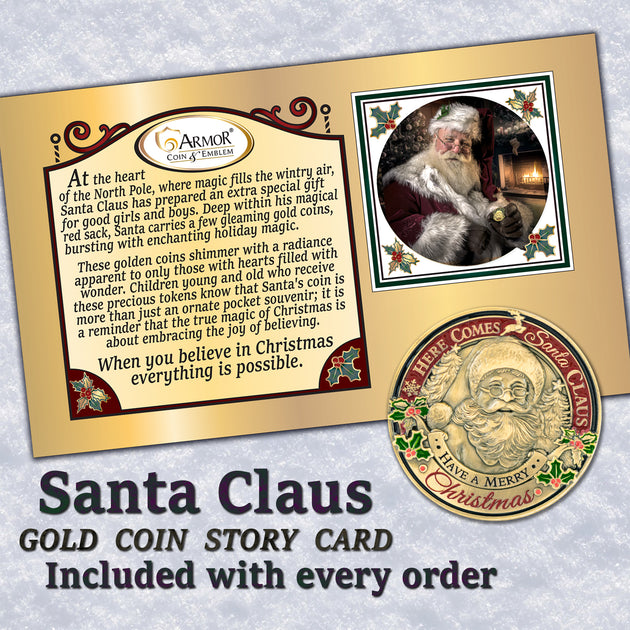 Santa Claus Christmas Challenge Coins 5 pcs  – 1.5 inch "Here Comes Santa” – “Always Believe” Message – Stocking Stuffer or Collector’s Keepsakes (5 Pack Edition)