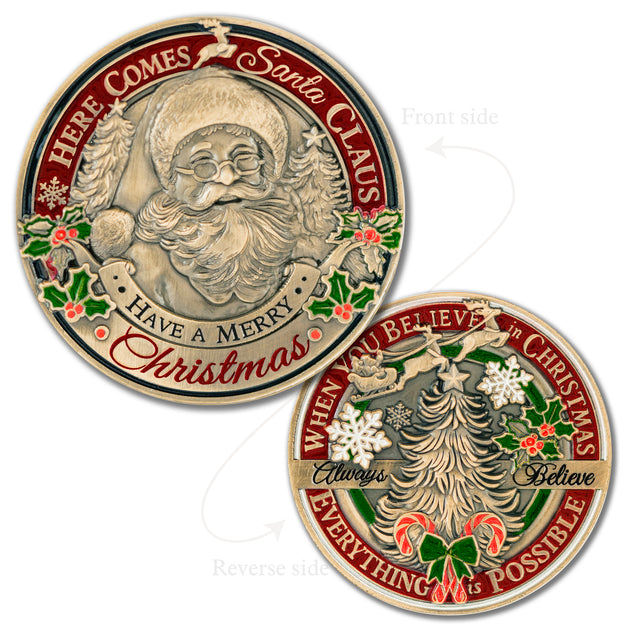 Santa Claus Christmas Challenge Coins 5 pcs  – 1.5 inch "Here Comes Santa” – “Always Believe” Message – Stocking Stuffer or Collector’s Keepsakes (5 Pack Edition)