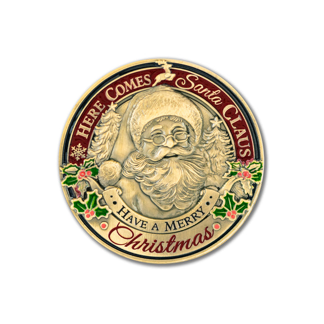 Santa Claus Christmas Challenge Coins 5 pcs  – 1.5 inch "Here Comes Santa” – “Always Believe” Message – Stocking Stuffer or Collector’s Keepsakes (5 Pack Edition)