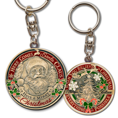 Santa Claus Christmas Keychain – 1.5 inch Holiday Gift – “Here Comes Santa” – “Always Believe” Message – Stocking Stuffer or Collector’s Keepsake Key Chain