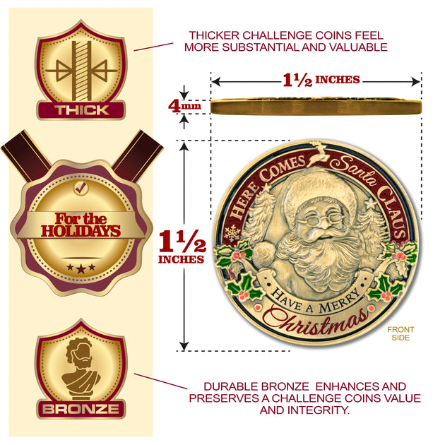 Santa Claus Christmas Challenge Coins 5 pcs  – 1.5 inch "Here Comes Santa” – “Always Believe” Message – Stocking Stuffer or Collector’s Keepsakes (5 Pack Edition)