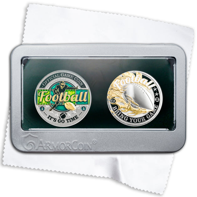 Sports Football Official Game Challenge Coin Double Tin Set and Bonus Polishing Cloth