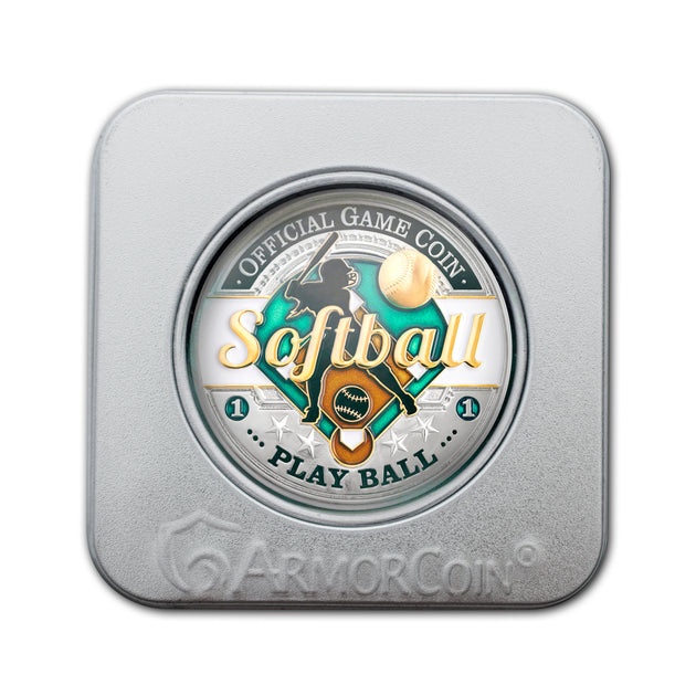 Sports Softball Official Game Challenge Coin with Gift Tin Box and Bonus Polishing Cloth