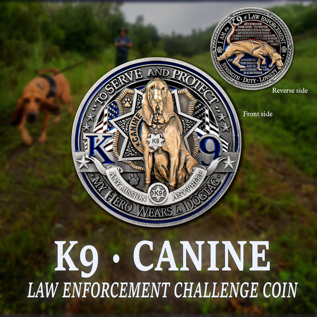 Law Enforcement K9 Canine Challenge Coin - Bloodhound Serve & Protect My Hero Wears a Dogtag Solid Bronze Collectible