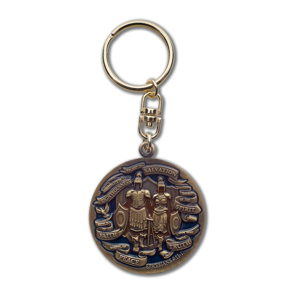 Back side of bronze swivel keychain with warriors