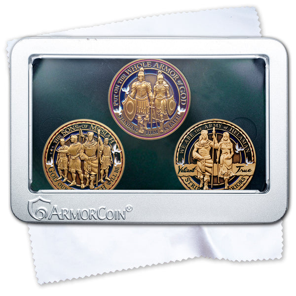 Armor of God Coin AND Sons of Mosiah AND Army of Helaman LDS Coins with Premium Collectors Tin - 3 Coin Set with bonus Polishing cloth