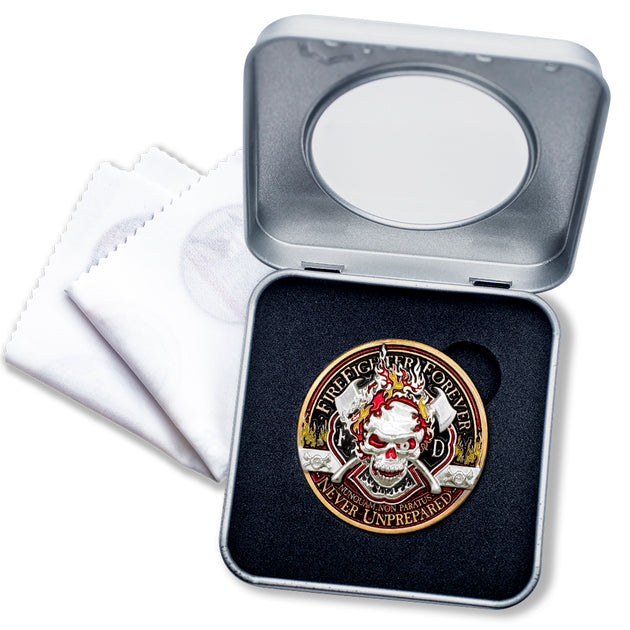 Thin Red Line Firefighter Forever Coin in Presentation Box with bonus polishing cloth