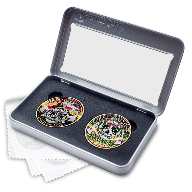 Armor Coin Wildland Firefighter Challenge Coins with Deluxe Display Tin Box Plus Bonus polishing Cloth - 2 Medallion Set