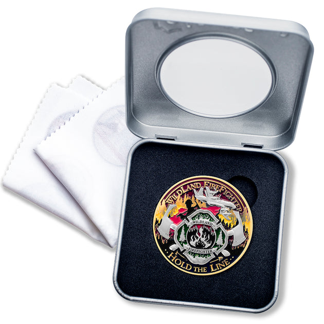 Wildland Fire Fighter Forever Challenge Coin with Deluxe Display Tin Box and Bonus Polishing Cloth