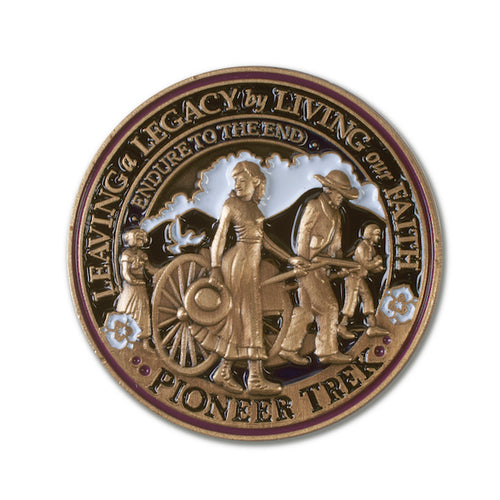 Pioneer Handcart Trek round lapel pin