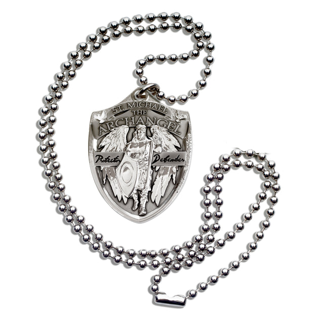 Saint Michael Protector Defender Dog Tag Pendant with Thick Ball Chain -  Military Style Necklace (double-sided)