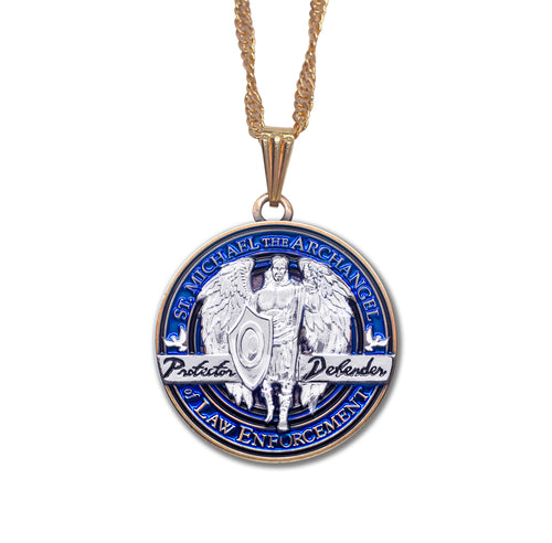 Saint Michael Round Pendant Necklace with (Gold tone) Chain