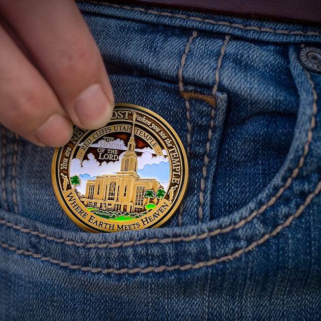 Temple Red Cliffs Utah LDS Medallions in Deluxe Display Tin Box - 2 coin set with bonus polishing cloth