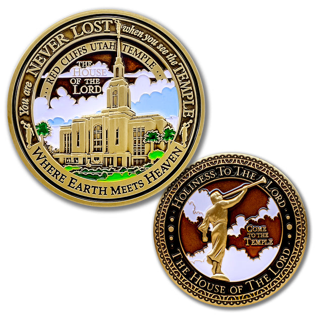 Temple Red Cliffs Utah LDS Medallions in Deluxe Display Tin Box - 2 coin set with bonus polishing cloth