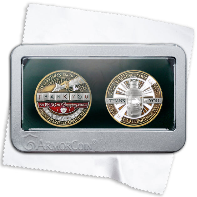 Thank You Gratitude Gift coins · Let Your Light Shine Coins with Collectors Tin Box - 2 Coin Set with Polishing cloth